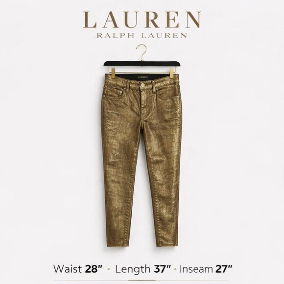 Lauren Ralph Lauren Black Label Metallic Gold Skinny Wax Jeans Super Stretch  4 - Picture 3 of 11